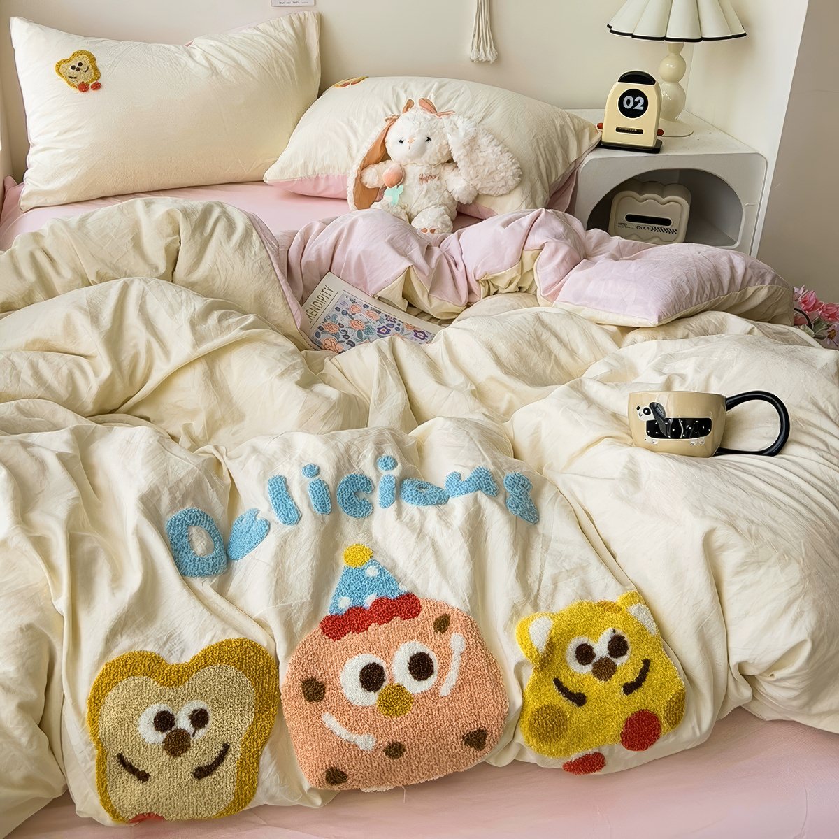 Cartoon Embroidered Toast Bread Bedding Set