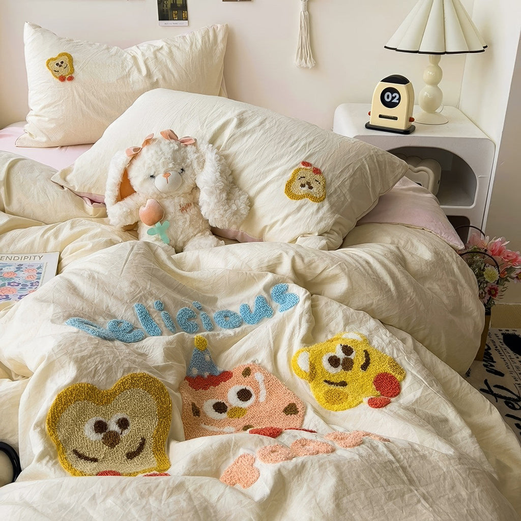 Cartoon Embroidered Toast Bread Bedding Set