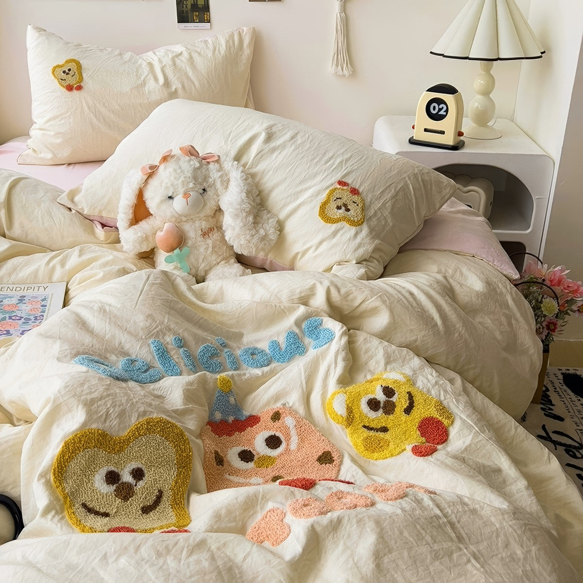 Cartoon Embroidered Toast Bread Bedding Set