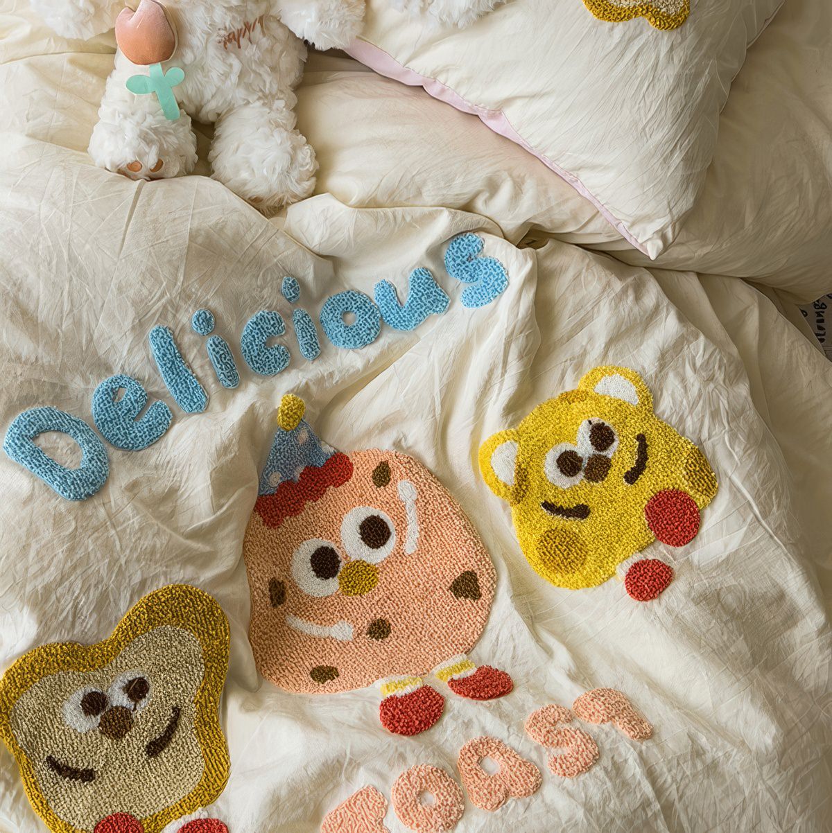 Cartoon Embroidered Toast Bread Bedding Set