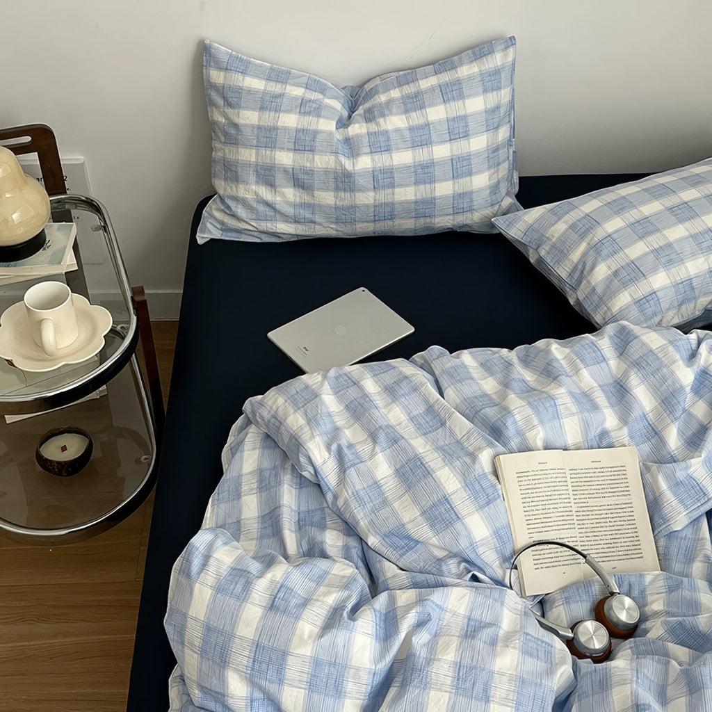 Cloud Blue Gingham Check Bedding Set