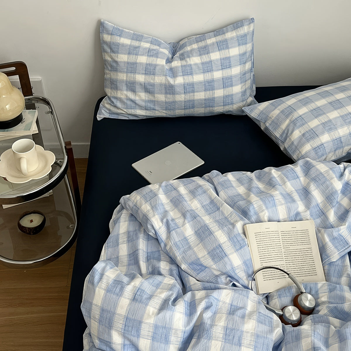 Cloud Blue Gingham Check Bedding Set