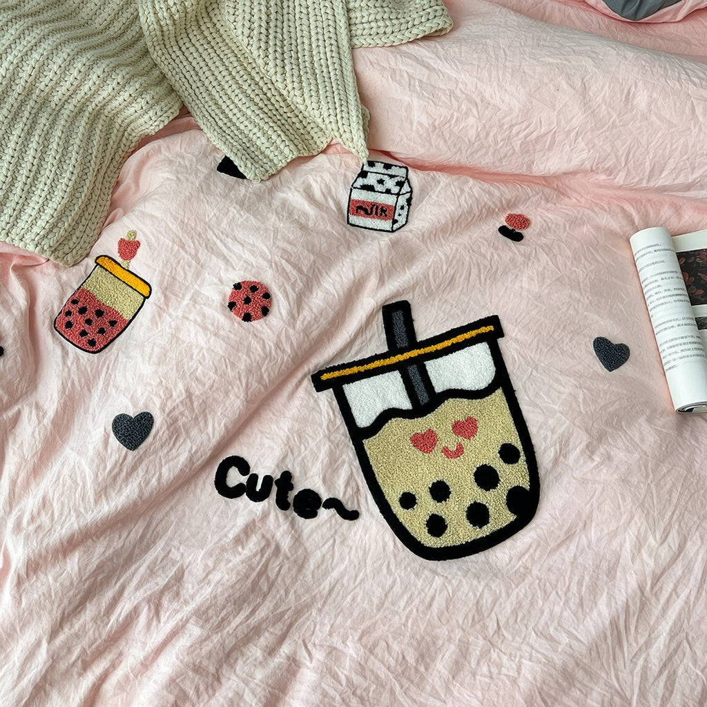 Cute Embroidered Bubble Tea Bedding Set