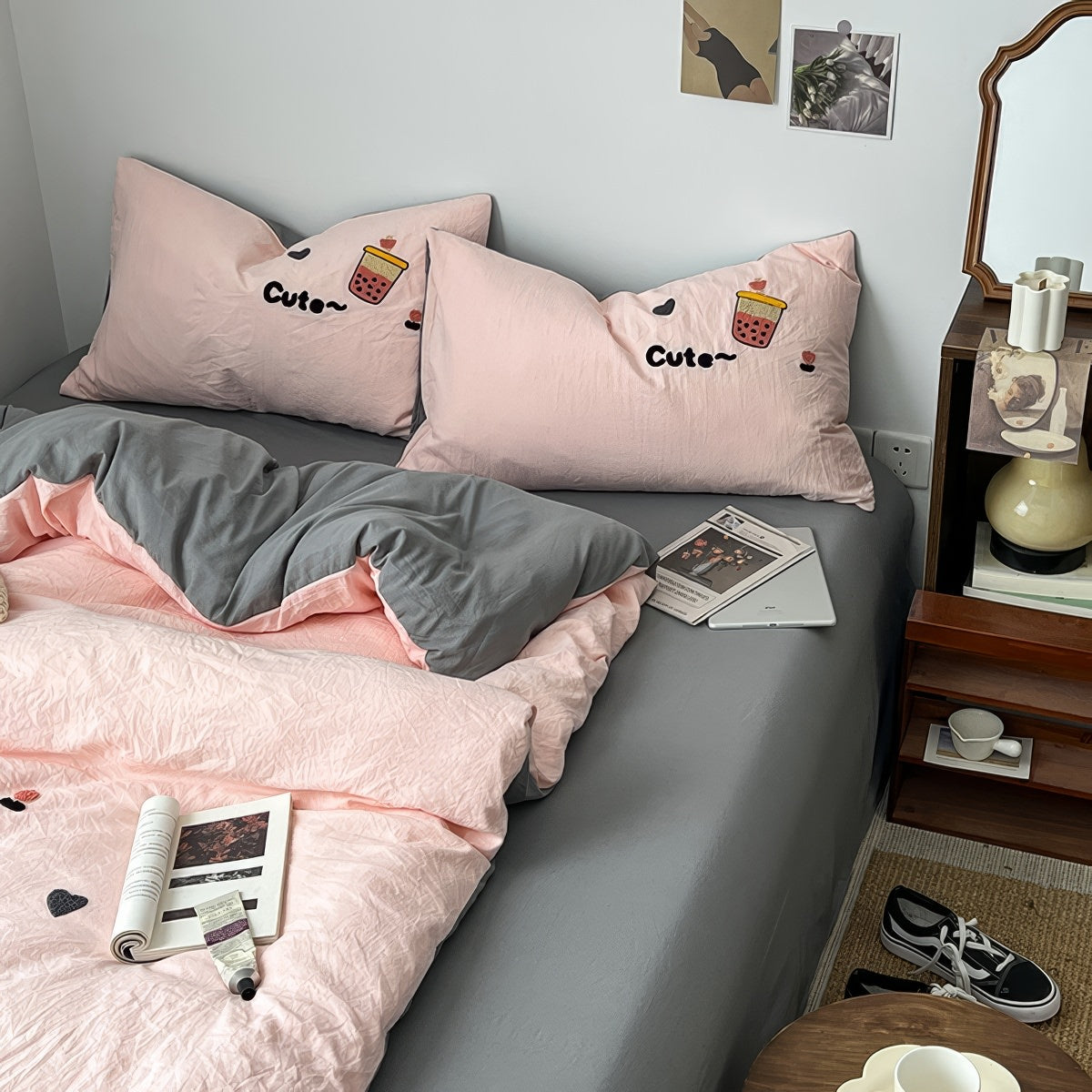 Cute Embroidered Bubble Tea Bedding Set