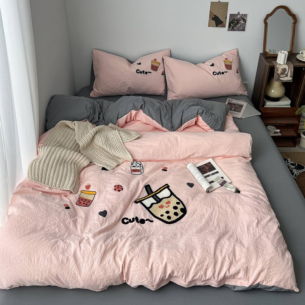 Cute Embroidered Bubble Tea Bedding Set