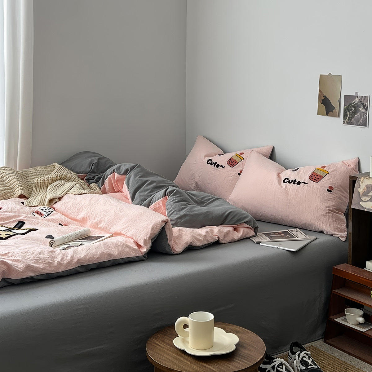 Cute Embroidered Bubble Tea Bedding Set