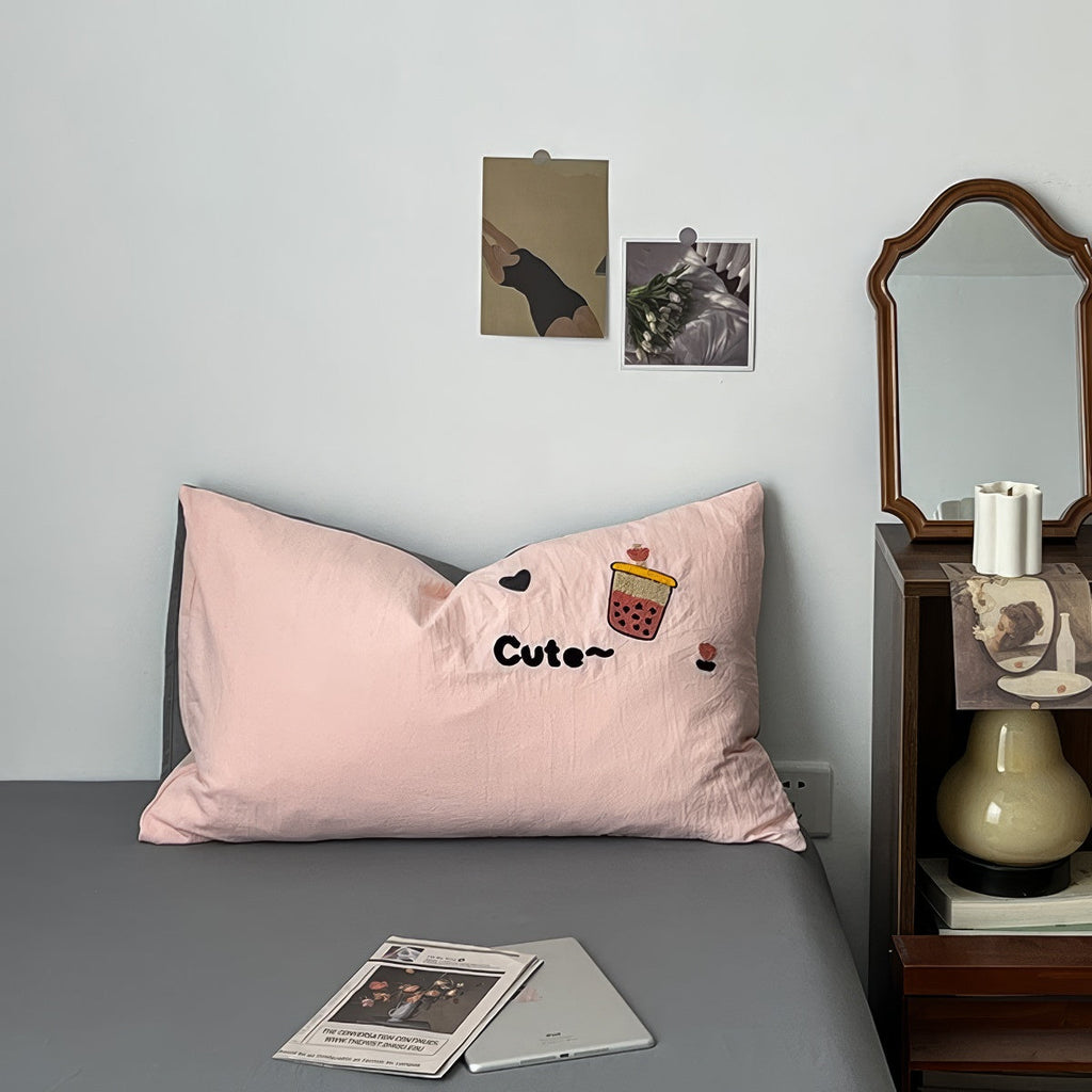 Cute Embroidered Bubble Tea Bedding Set