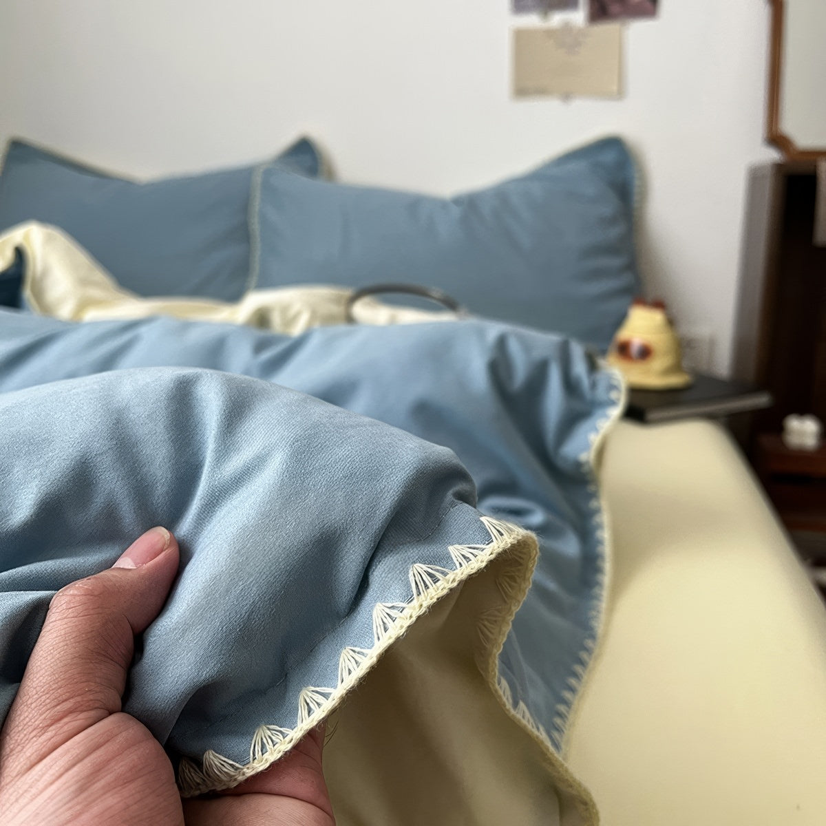 Stitched Edge Sage Blue Minimalist Bedding Set